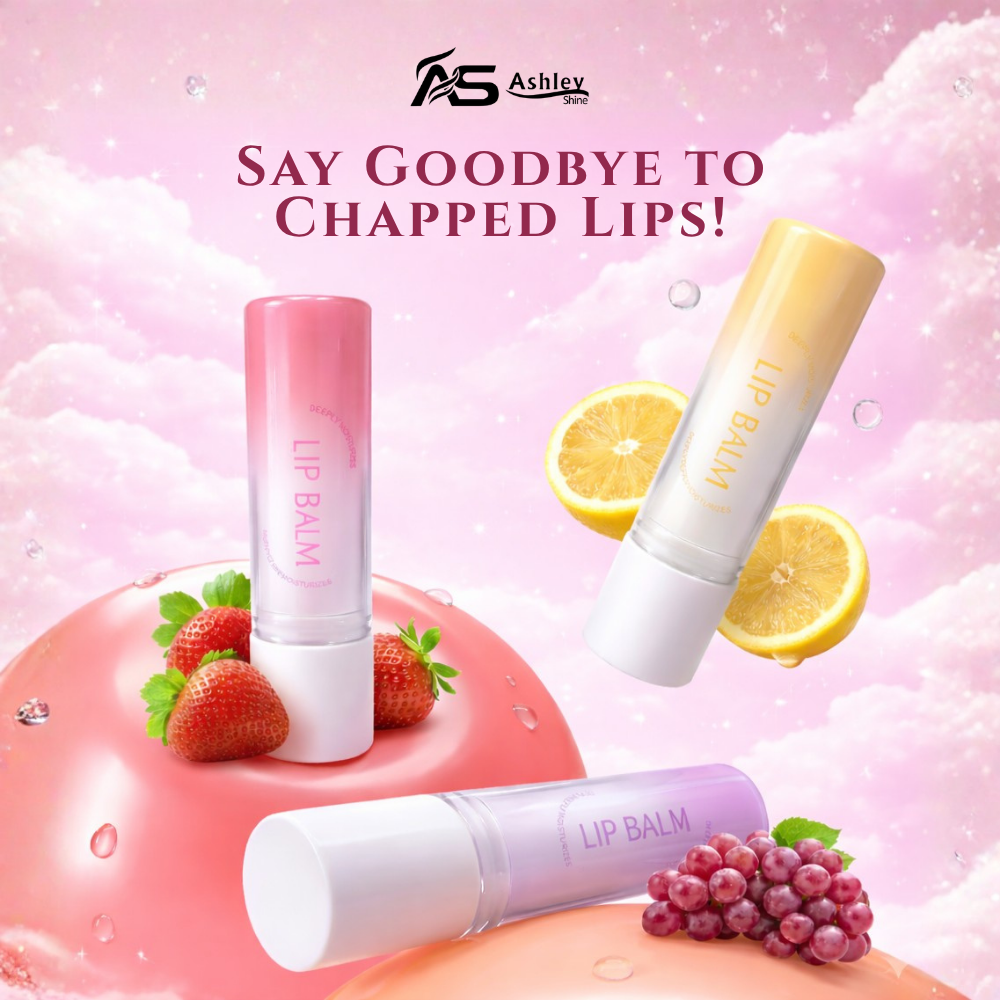 Ashley Shine lip care products on a pink fruit background