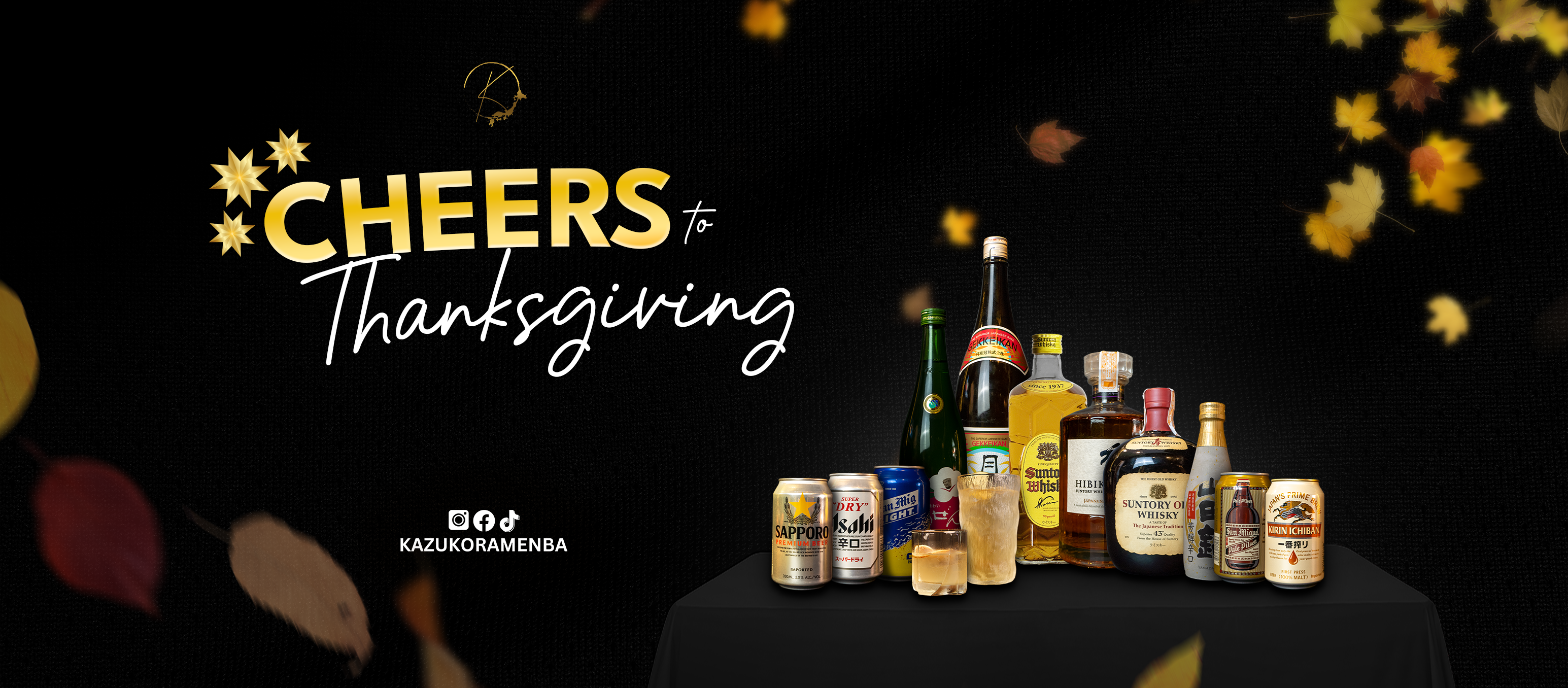 Thanksgiving drinks campaign with bottles on a dark background